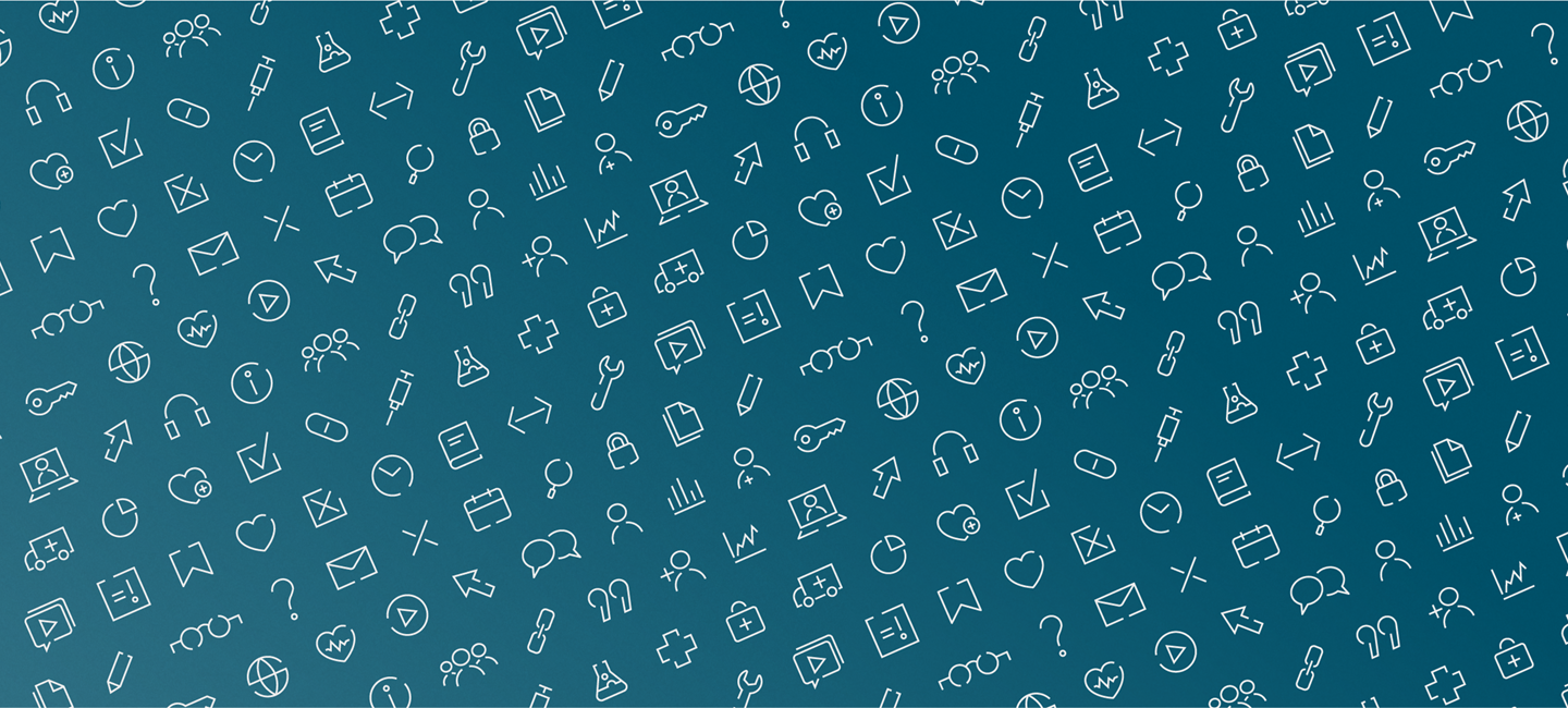 : An array of line-art icons in white arranged diagonally  on a blue background.